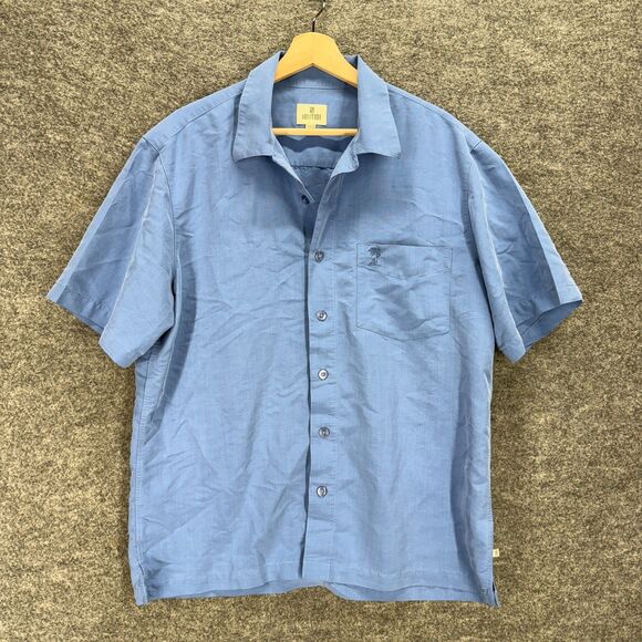 Solitude Shirt Men M Medium Blue Button Up Collared Short Sleeve Pockets Rayon - Picture 1 of 7